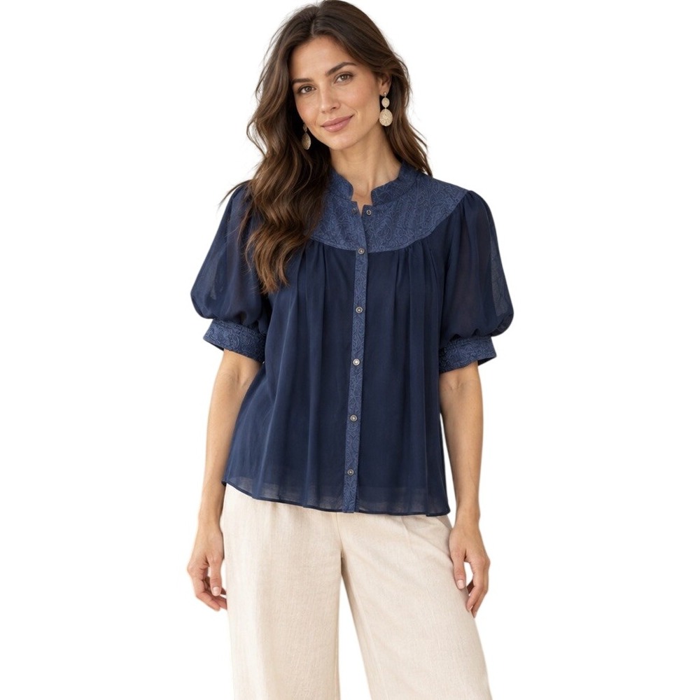 Maeve Anthropologie Lavoie Blouse Puff Sleeve Blue Button Front Size US 10